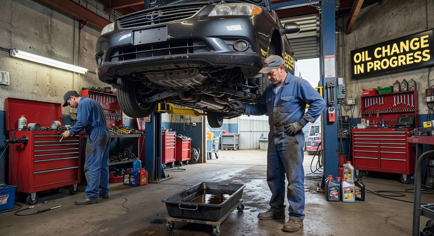 Car on lift for oil change service